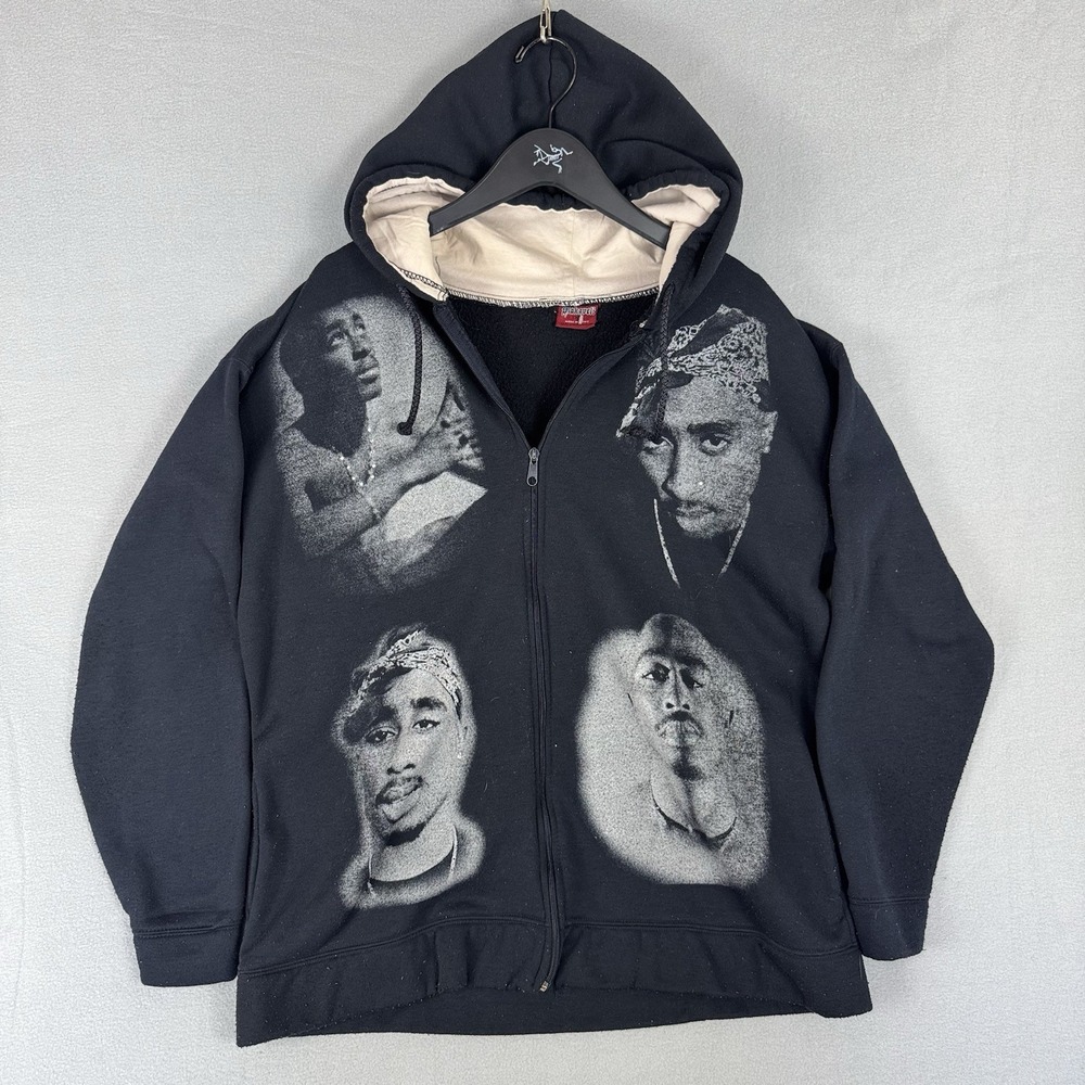 Vintage Makaveli AOP Graphic Full Zip Up Hoodie Mens XL Y2K Tupac Shakur Hip Hop